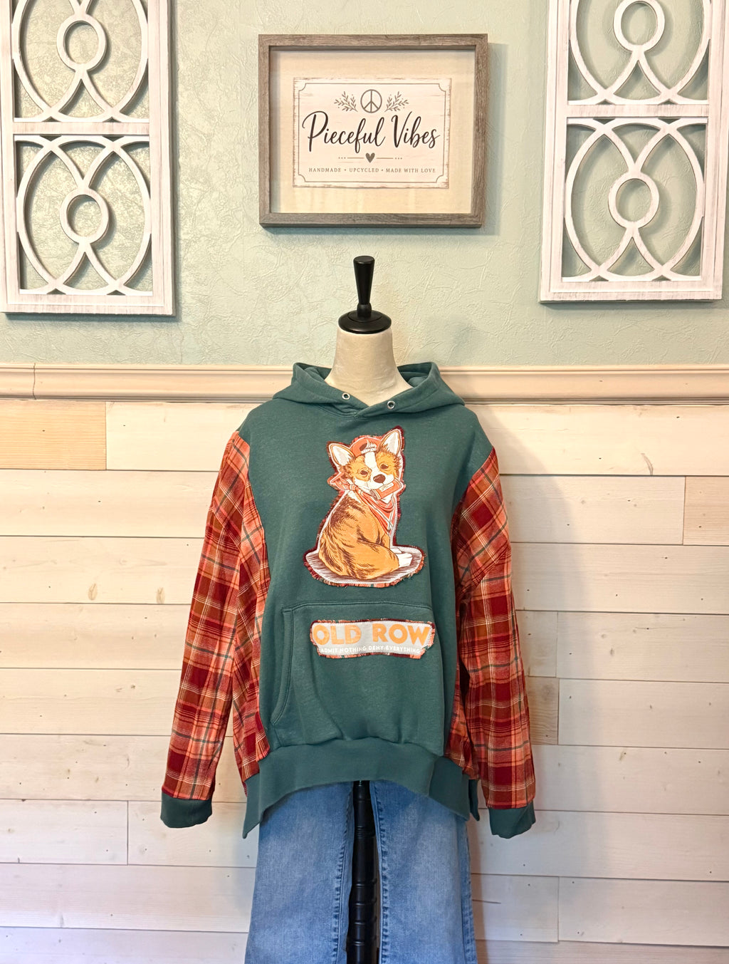 Upcycled Corgi Hoodie – Forest Green Plaid Sleeve One-of-a-Kind Hoodie