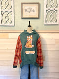 Upcycled Corgi Hoodie – Forest Green Plaid Sleeve One-of-a-Kind Hoodie