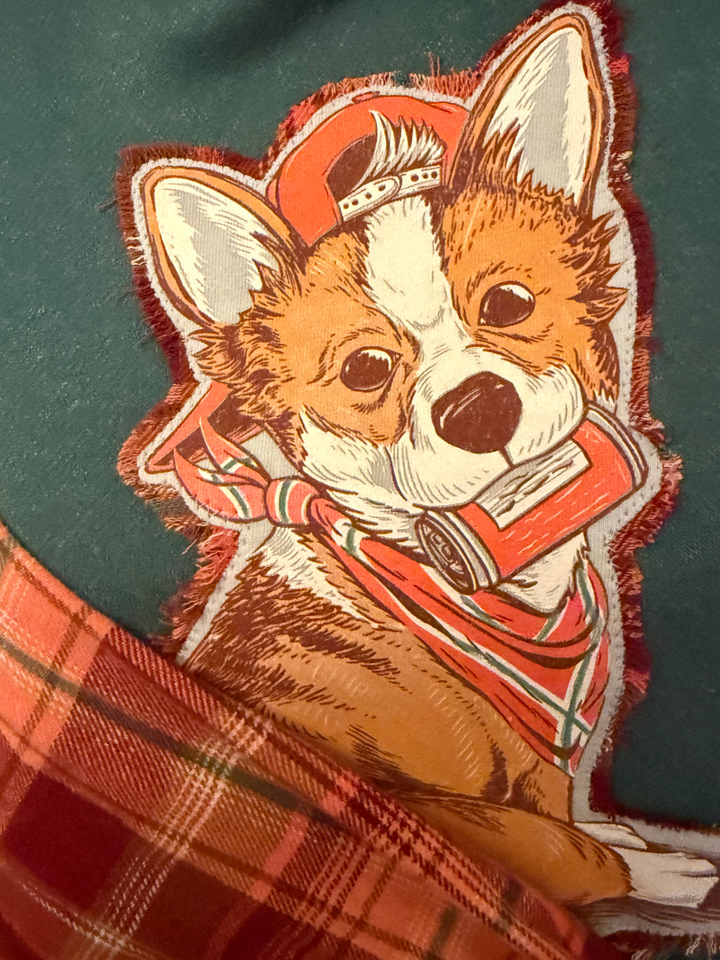 Upcycled Corgi Hoodie – Forest Green Plaid Sleeve One-of-a-Kind Hoodie