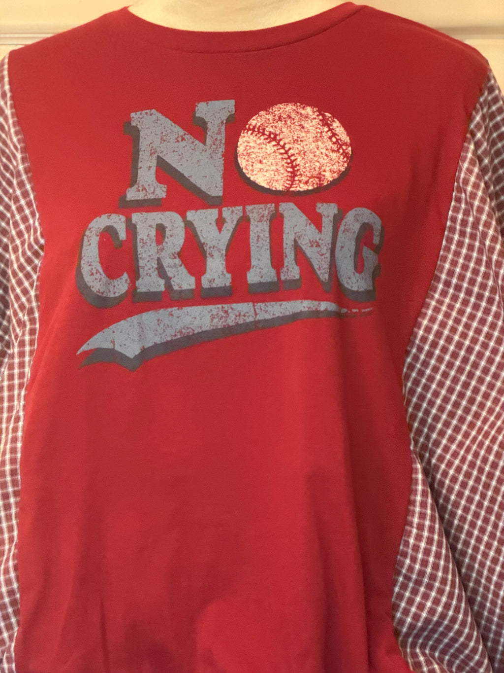 Upcycled No Crying T-Shirt – Plaid Sleeve Drawstring Graphic Tee