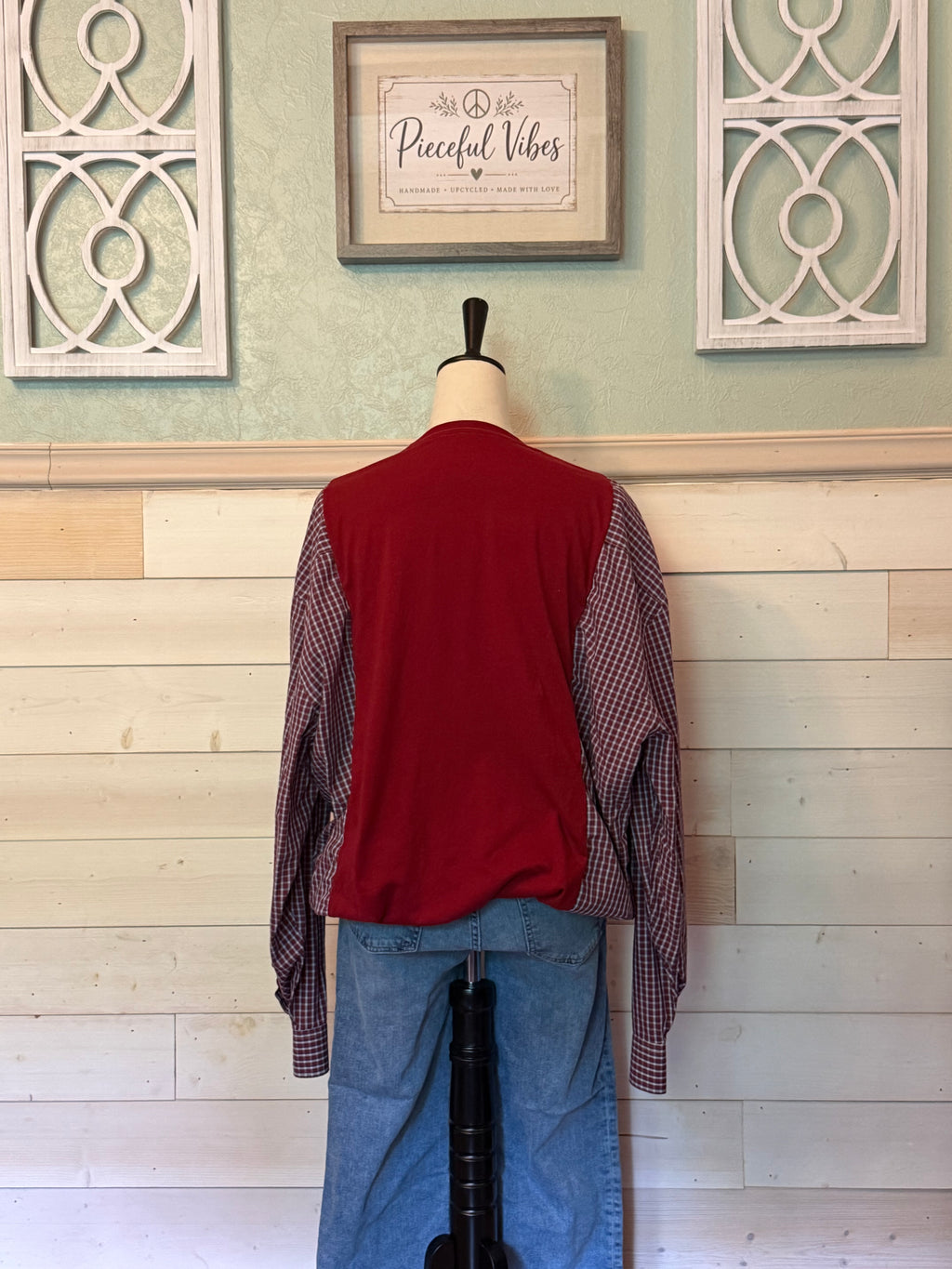 Upcycled No Crying T-Shirt – Plaid Sleeve Drawstring Graphic Tee