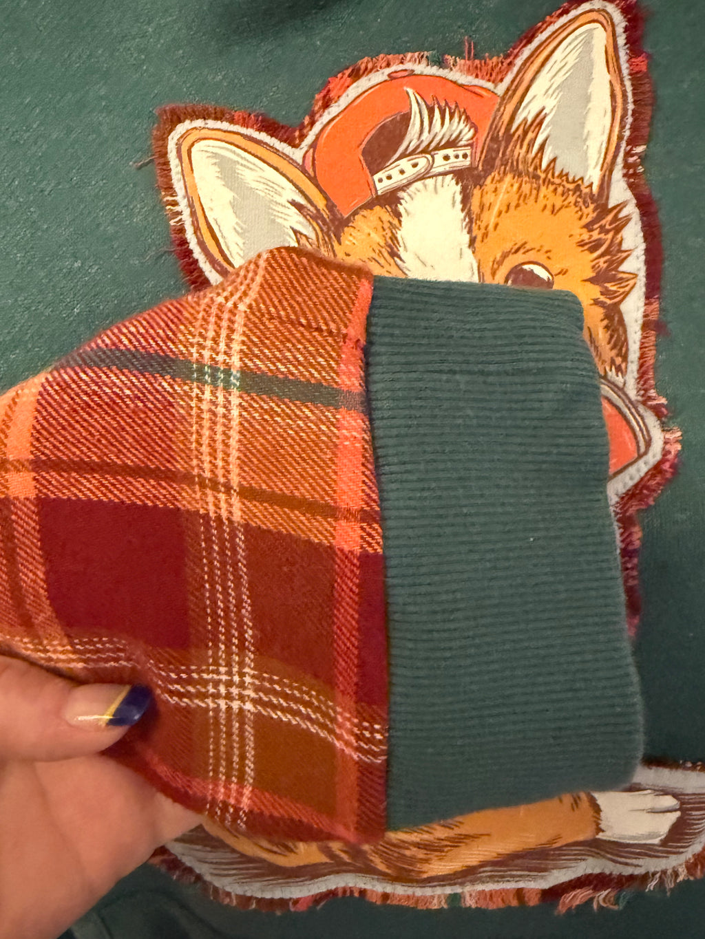 Upcycled Corgi Hoodie – Forest Green Plaid Sleeve One-of-a-Kind Hoodie
