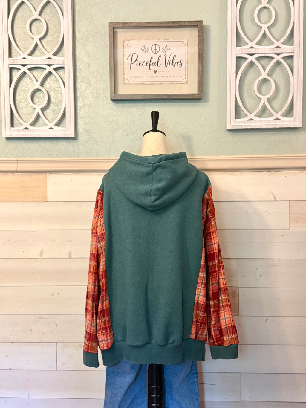 Upcycled Corgi Hoodie – Forest Green Plaid Sleeve One-of-a-Kind Hoodie