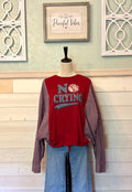 Upcycled No Crying T-Shirt – Plaid Sleeve Drawstring Graphic Tee