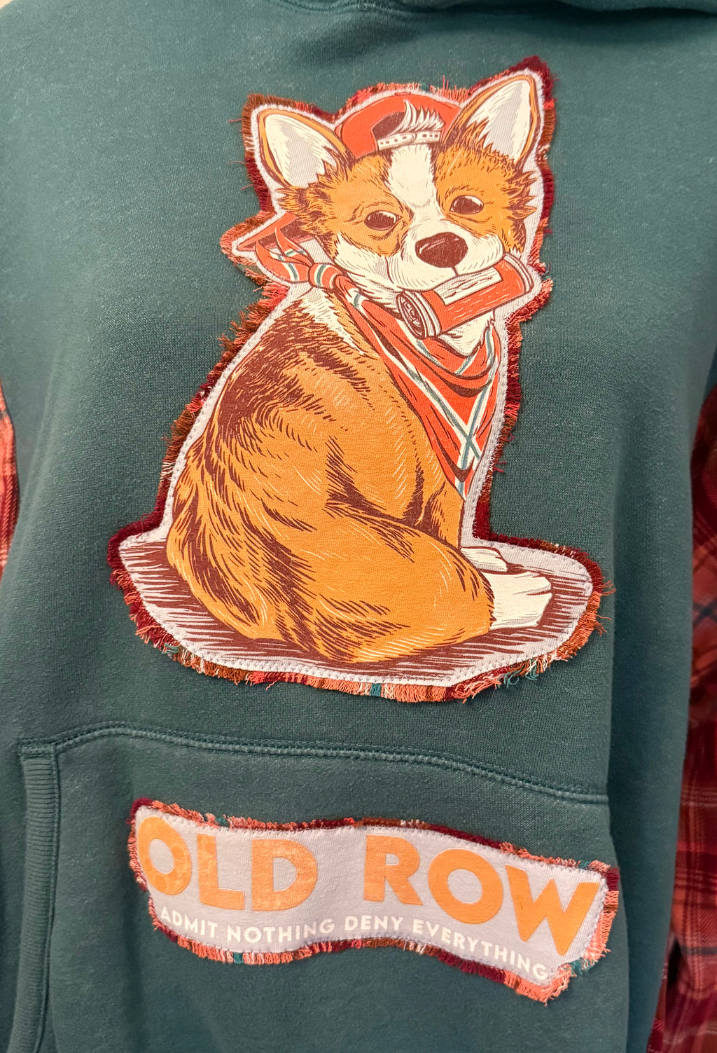 Upcycled Corgi Hoodie – Forest Green Plaid Sleeve One-of-a-Kind Hoodie